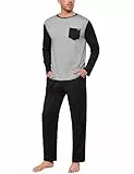 Terecey Schlafanzug Herren Lang Baumwolle Rundhalsausschnitt Pyjama Set Winter Nachtwäsche Zweiteilige mit Brusttasche Kontrastfarben Langarmshirt und Pyjamahose Taschen fur Männer, Grauschwarz XL