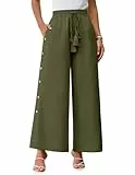 GRACE KARIN Damen Sommer Hohe Taille Baumwolle Leinen Palazzo Hose Weites Bein Lange Lounge Hose Hose mit Taschen Army Grün L