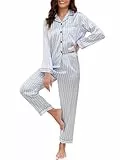 Reliwel Satin Schlafanzug Damen Langarm Pyjama Set mit Knopfleiste V-Ausschnitt Zweiteiliger Nachtwäsche Weiche Seiden Pyjamas Klassische Loungewear Hausanzug Pjs Blaue Streifen, M