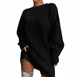 Oversized Pulloverkleid Damen Strickkleid Einfarbig Pullover Knielang Casual Sweatkleid Elegant Langarm Locker Winterkleid Warm Midikleid Modische Longpullover Rundhals Freizeitkleid