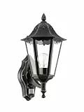 EGLO Außen-Wandlampe Navedo, 1 flammige Außenleuchte inkl. Bewegungsmelder, Sensor-Wandleuchte aus Aluguss und Glas, Schwarz, silber-patina, E27 Fassung, IP44