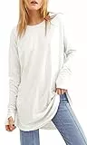 Ebifin Langarmshirt Damen Longshirt Rundhalsausschnitt Langarm Oberteil Shirts Basic Blusen Tunika Tee Tops.Weiß.M