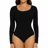 Joyshaper Damen Langarm Body U-Ausschnitt Bodysuit Top Stringbody Basic Unterziehbody Longsleeve Shirt für Frauen Schwarz M
