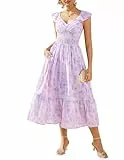 GRACE KARIN Damen Elegant Blumenkleid, Rüschenärmel V-Ausschnitt Kleid Damen Sommer mit Tasche, Sommerkleid Damen Leicht Strandkleid Helllila Blumen M