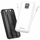 AsperX Powerbank 2er Set 10000mAh, 4 Ausgänge Schnellladen mit integriertem USB-C Kabel, LED-Digitaldisplay, Flugzeuggeeignet für Reisen/Camping, Kompatibel mit iPhone/Samsung