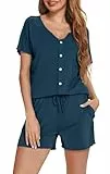 Vlazom Damen Schlafanzug Kurzarm Pyjama Set mit Knöpfe V-Ausschnitt Sleepwear Sommer Nachtwäsche（L，Stil B-Pfauenblau）