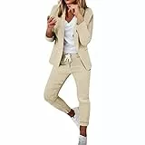 EMATOP Damen Anzug Elegant 2 Teilig Hosenanzug Langarm Business Anzug Set Zweiteiler Einfarbig Blazer Hose Festlich Lange Hosenanzüge Sportlich Slimfit Streetwear Frauen Baumwolle Freizeitanzug