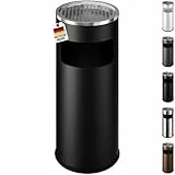 WELLGRO 2 in 1 Standaschenbecher Edelstahl für draußen – Wetterfester Standascher schwarz mit Mülleimer & Abfalleimer, großer Aschenbecher für Außenbereich, Terrasse, Eingang & Gewerbe