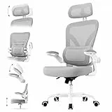 naspaluro Ergonomischer Bürostuhl, Drehstuhl mit Mesh, Lenden- und Kopfstütze, Hochklappbaren Armlehnen, Wippfunktion, 50 cm großer Sitzfläche, Belastbar bis 110 kg, für Home Office, Büro & Studenten