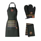 MasterChef 3er Set Geschirrtücher, Küchenschürze und Ofenhandschuhe Hitzebestaendig, Schwarz, 100% Baumwolle mit Aufhängeschlaufen, Waschmaschinenfest, Gestickte Details