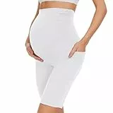 QGGQDD Kurze Umstandsleggings mit Taschen Umstands Radlerhose Damen Umstandshose Kurz Schwangerschaft Für Schwangere(Weiß,Medium)