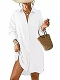 Tanmolo Damen Strandkleid Bikini Cover Up Sommer Strandbluse Strandhemd V-Ausschnitt Strandponcho Bademode Strand Vertuschen Shirt (Weiß,L)