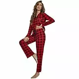 IFFEI Schlafanzug Damen lang Pyjama Set Casual Elastischer Bund Karierte Pyjamahose Hausanzug Freizeitanzug M