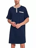 Uniexcosm Nachthemd Herren Kurzarm Schlafshirt Rundhals Einteiliger Schlafanzugoberteile Pyjama Tops Bequem Nachtwäsche Sleepshirt mit Knopfleiste und Brusttasche Marineblau 3XL
