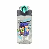HOX Minecraft wiederverwendbare Trinkflasche, BPA-freier Kunststoff, leichte Wasserflasche mit Trageschlaufe, abnehmbarer Strohhalm und auslaufsicher, Geschenk für Minecraft-Fans, Lizenzprodukt, 600