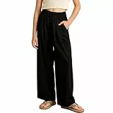 Rolanko Mädchen-Hose mit Weitem Bein, Fließender Paperbag Stil Elastische Taille Sommer Palazzo Hose mit Taschen für lockere Passform, Schwarz, 13-15 Jahre/170