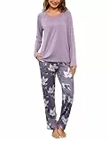 Uniexcosm Schlafanzug Damen Lang Zweiteiler Herbst Winter Pyjama Set Baumwolle Rundhals Oberteil und Pyjamahose Loungewear für Frauen B:Lila M