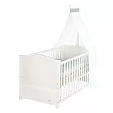 roba Babybett 70x140 cm Woodland Buddies – Umbaubares Kinderbett mit Zubehör – Inkl. Matratze, Himmel & Bettwäsche-Set 100x135 cm – Weiß/Grün – Für Babys & Kleinkinder