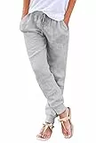 Livonmone Hose Damen Sommer Casual Baumwolle Leinen Stoffhose Stretch Leicht Leinenhose und Taschen (hellgrau, L)