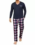 Demegimi Schlafanzug Herren Lang Baumwolle Pyjama Zweiteiler mit V-Ausschnitt & Karohose für Herbst und Winter,Marineblau,XL
