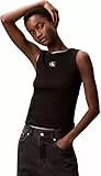 Calvin Klein Damen Tank Top Woven Label Cotton Rib mit Logo, Schwarz (Black), M