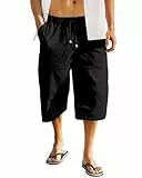 LVCBL Shorts Herren Sommer 3/4 Leinen Shorts Leicht Loose Fit Strand Kurzhose Schwarz 2XL