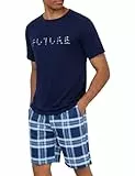 Marvmys Schlafanzug Herren Kurz Sommer Pyjama Set aus Atmungsaktiver Baumwolle Zweiteiliger Kurzer Nachtwäsche Männer Kurzarm T-Shirt und Kurze Hose mit Taschen Loungewear S-3XL
