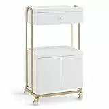 M MCombo Servierwagen mit Rollen & Schublade, Rollwagen Friseurwagen Weiß-Gold, Salon Trolley mit 2 Ablagen und Schrank, Moderner Arbeitswagen für Bad Wohnzimmer, 36x50x87cm, 0086