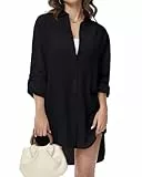 Tanmolo Damen Bluse V-Ausschnitt Hemdbluse Langarm Lässiges Hemd zum Knöpfen Langarmshirt Casual Oberteile Aufrollen Tops (Schwarz,L)