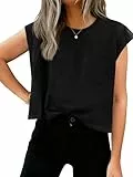 Tankaneo Tshirt Damen Oversize Crop Tops Rundhals Cap Sleeve Shirts Sommer Basic Oberteile mit Brusttasche.Schwarz S