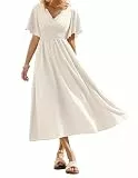 Kate Kasin Damen Sommer Kurzarm Kleider Elegant V-Ausschnitt A-Linie Freizeitkleid Hochzeit Strand Boho Maxikleid Weiß XL
