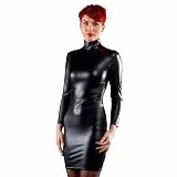 Rubberfashion Wetlook Damen Midi Kleid - figurbetontes Kleid Langarm - Damen Kleid elegant - als Abendmode und Party Outfit für Frauen