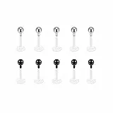 PiercingJak 10Stk 16G Lippenpiercing Acryl Labret Push In Piercing Bioflex Flexibler Ohrringe Ohr Tragus Helix Stud Ohrpiercing 6mm, Silber+Schwarz Edelstahl Kugel