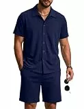 Aseniza Schlafanzug Herren Kurz Pyjama Baumwolle Shorty zum Knöpfen Sommer Kurzarm Zweiteilige Schlafanzüge Set für Männer Navyblau XL