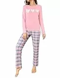 Marvmys Schlafanzug Damen Lang Winter Baumwolle Pyjama Set Zweiteilig Gemütlich Rundhals Herz-Print T-Shirt Karierte Hose
