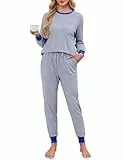Namatime Schlafanzug Damen Lang Baumwolle Pyjama Set Zweiteiliger Nachtwäsche Weich Streifen Sleepwear Blau M