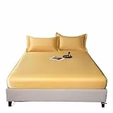 LUKYWANG Bettlaken Aus Eisseide Bettdecke, atmungsaktive Eisseide, weiche Bettdecke und Tagesdecke, Tagesdeckenset, Seidenkissenbezug und Laken aus Satin Satin Spannbettlaken(Yellow,150x200x25cm)