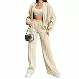 amropi Trainingsanzug Damen Jacke mit Reißverschluss und Jogginghose 2 Stück Kleidungsset Beige, M
