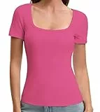 OYIGELZ Tshirt Damen Quadratischer Ausschnitt T-Shirt Eng Basic Top Einfarbig Kurzarm Shirt(Neon Rosa-F1,L)