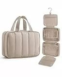 BAGSMART Puffer Kulturbeutel Kulturtasche Damen, Tragbarer Kulturtasche zum Aufhängen mit Hängehaken, wasserdichte Toiletry Bag Make up Kosmetiktasche, für große Accessoires, Toilettenartikel, Kamel