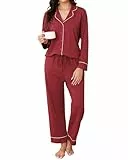 Reliwel Schlafanzug Damen Baumwolle mit Knopfleiste Pyjama Lang Nachtwäsche Weich Hausanzug Loungewear 2 Teiler Homewear Damen Set Pijama - Button Down Shirt und Langer Hose Weinrot, L