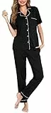 Lovasy Schlafanzug Damen Lang Kurzarm Pyjama mit Knöpfen Schlafanzüge für Damen Zweiteiliger Loungewear Set mit Taschen und Kordelzug,Schwarz,L