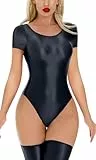 Adigau Jumpsuit Damen Kurz Glänzende Unterhemd Bodysuit Frauen Leotard Playsuit Einteiler Stretch Dünne Transparent XL Schwarz