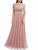 Dressystar Damen Abendkleider Elegant für Hochzeit Brautjungfernkleider Spitze Chiffon Maxi Lang Ballkleider Ärmel Blush M