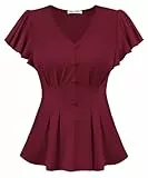 GRACE KARIN Damen Blusen Sommer Elegant V-Ausschnitt Rüschenärmel Lässige Oberteil Boxfalte Festliche Bluse mit Knopfdekor für Alltags- und Party Weinrot L