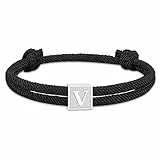 Paracord Armband Herren Surferarmband Bracelet Schwarz Segeltau Armband Herren Verstellbares Handgemacht Geflochtenes Armbänder mit Buchstaben A-Z Abschluss Geburtstag Geschenke für Männer (Silber V)