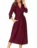 Ekouaer Bademantel Damen 3/4 Ärmel Sommer Dünn Leicht Morgenmantel Lässig Robe Rot L