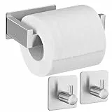 Aikzik Toilettenpapierhalter ohne Bohren, Selbstklebend Toilettenpapierrollenhalter Edelstahl Klopapierhalter Wc Halter Klorollenhalter mit 2 Stück Handtuchhaken für Küche und Badzimmer, Silber