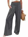 Imuedaen Leinenhose Damen Sommer Hose Casual Leinen Leicht Hosen Weites Bein Palazzo Freizeithose Hohe Taille Einfarbig Sommerhose Stoffhose mit Taschen (Dunkelgrau, M)