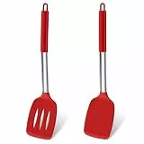 Homikit Pfannenwender Set, Silikon Spachtel Küchenhelfer mit Griff aus Edelstahl, Hitzebeständig Geschlitzt Pfannenwender Küchenutensilien Kochgeschirr zum Kochen Backen Wenden, Spülmaschinenfest, Rot